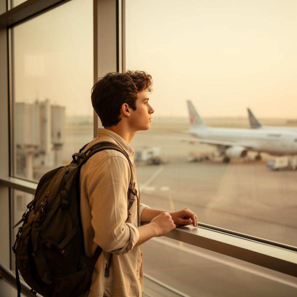 A young traveler at an airport gate at sunrise