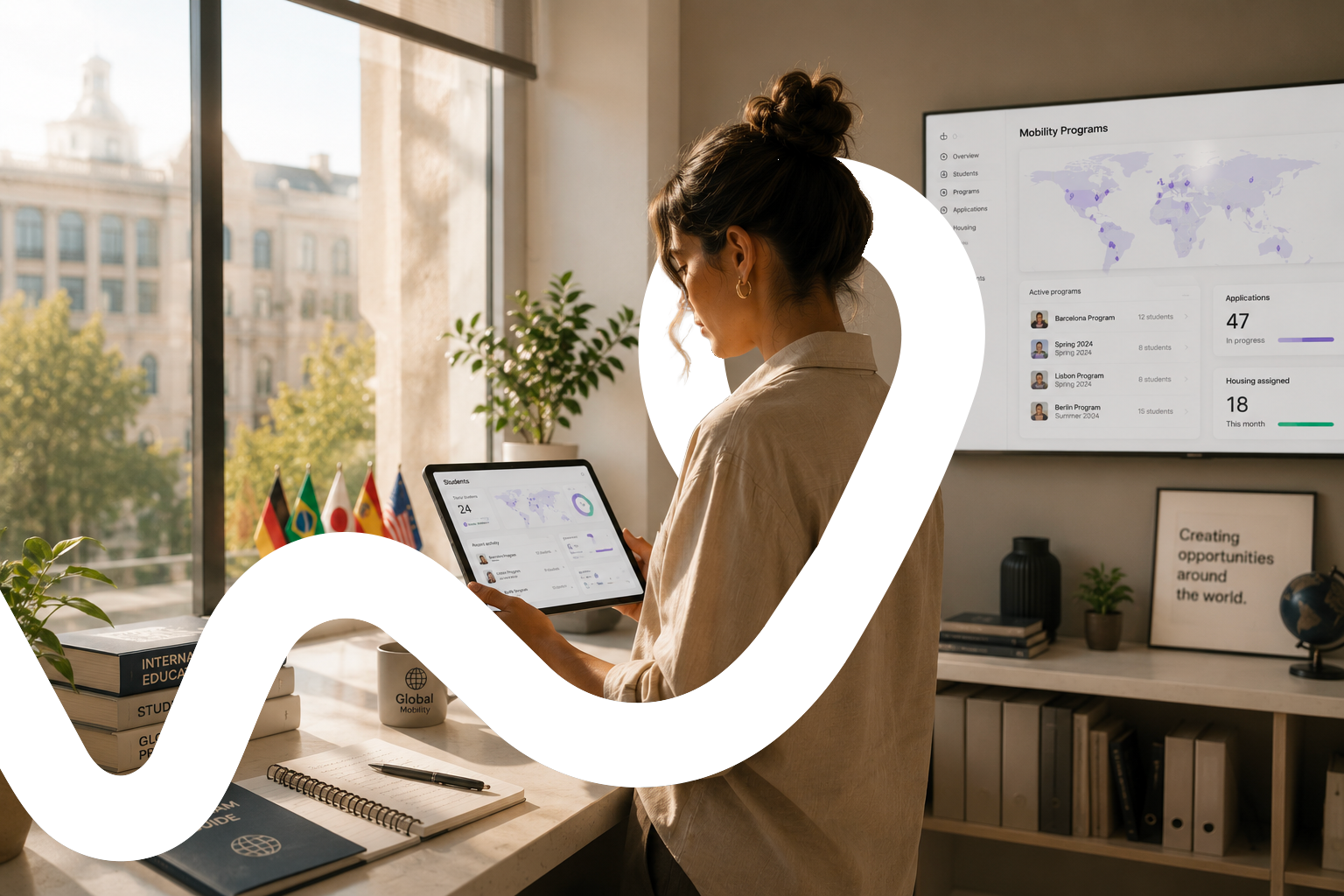 Tenant managing a global mobility dashboard from a bright apartment